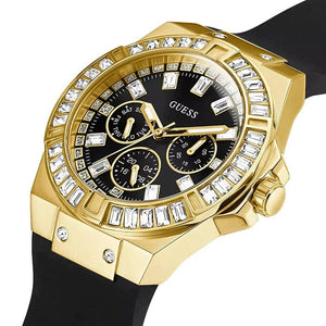 Right angled view of Guess Venus GW0118L1 women's quartz battery watch highlighting gold finish and baguette crystal details