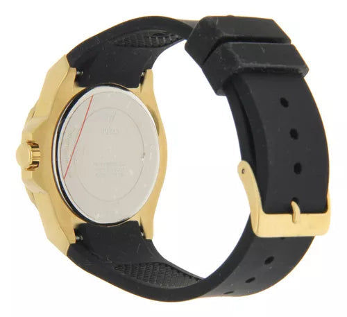 Caseback of Guess Venus GW0118L1 women's quartz battery watch showing technical specs 50m water resistance and rubber strap