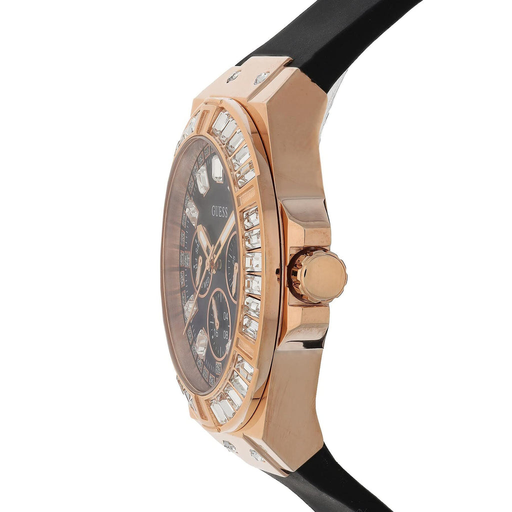 Right angled view of Guess Venus GW0118L2 women's quartz battery watch highlighting rose gold finish and baguette crystal details