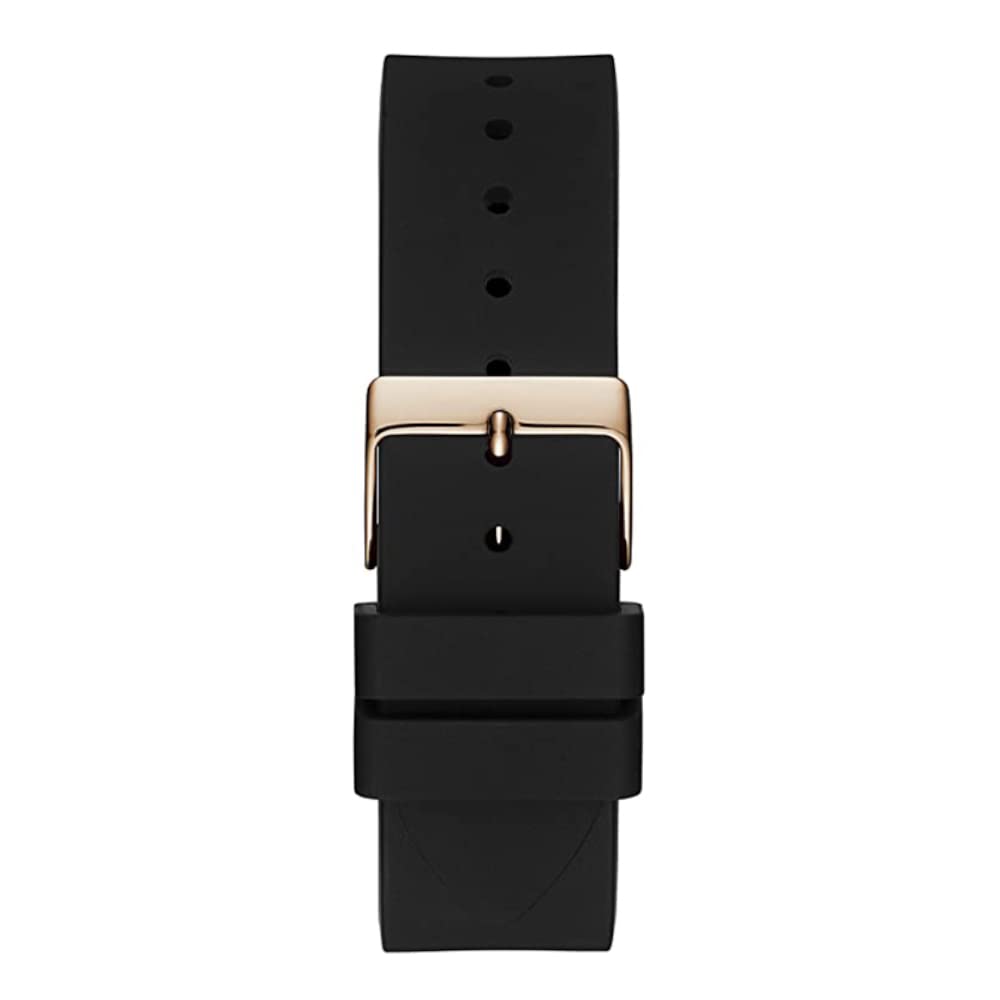 Rose gold-tone buckle clasp on Guess Venus GW0118L2 women's quartz battery black rubber strap watch