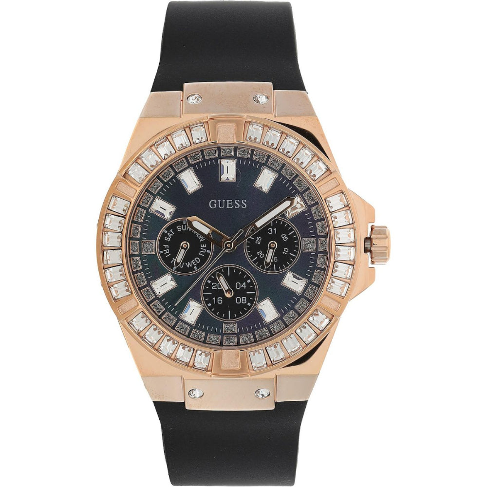 Guess Venus GW0118L2 women's quartz battery watch with black mother of pearl dial, multi-function sub-dials, rose gold case with baguette crystals, black rubber strap main view