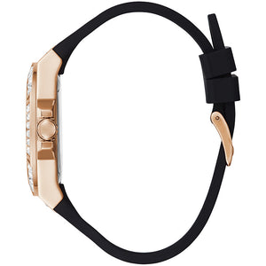 Side profile of Guess Venus GW0118L2 women's quartz battery watch showing 10.5mm thickness and rose gold finish