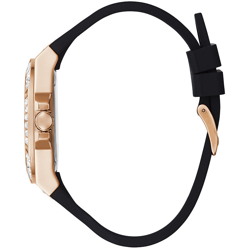 Side profile of Guess Venus GW0118L2 women's quartz battery watch showing 10.5mm thickness and rose gold finish