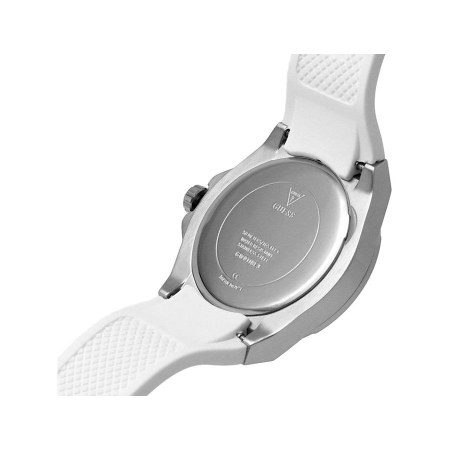 Caseback of Guess Venus GW0118L3 women's quartz battery watch showing technical specs 50m water resistance and rubber strap