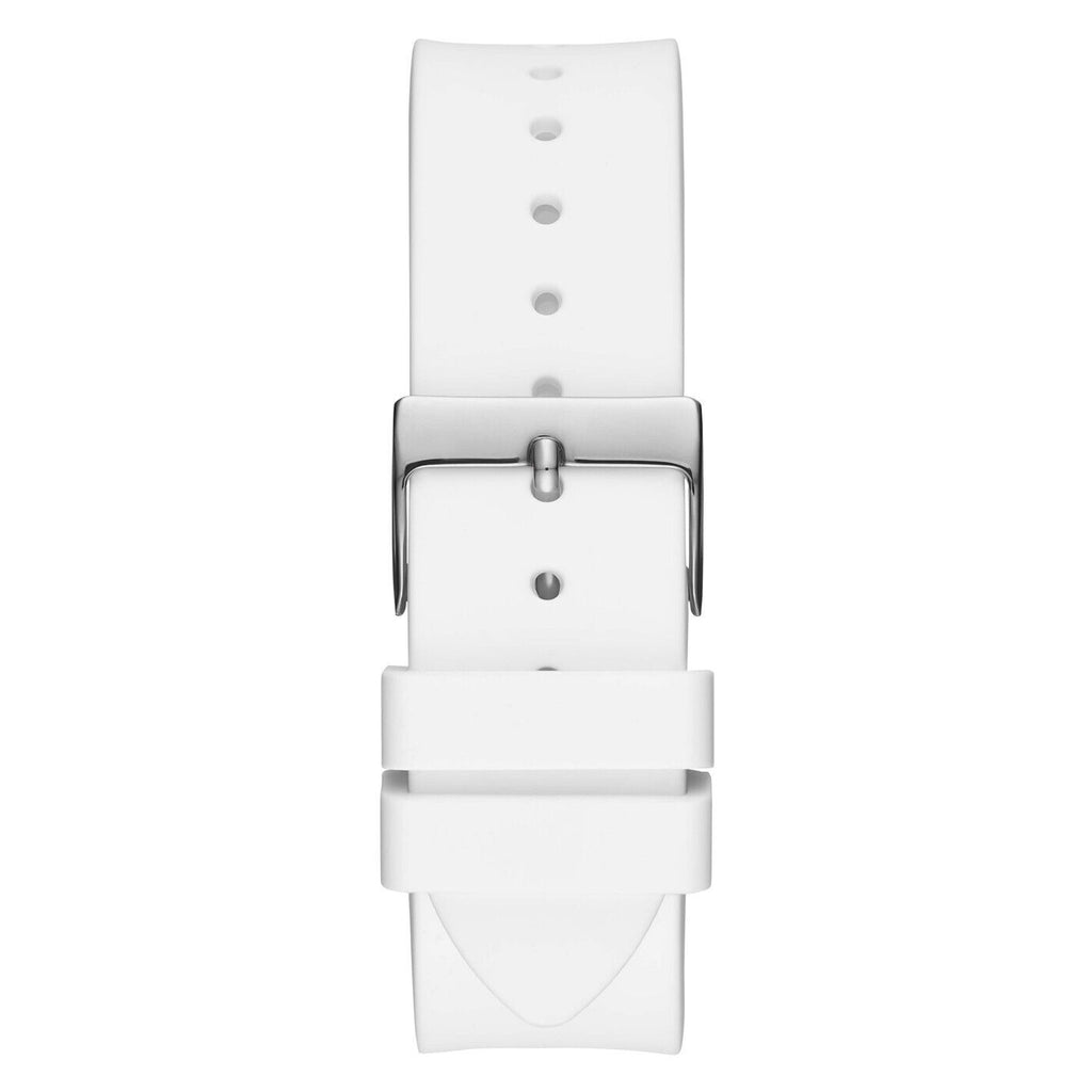 Silver-tone buckle clasp on Guess Venus GW0118L3 women's quartz battery white rubber strap watch
