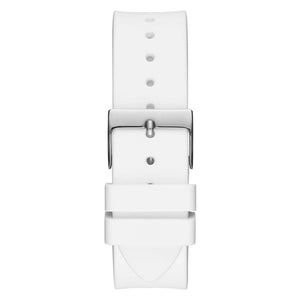 Silver-tone buckle clasp on Guess Venus GW0118L3 women's quartz battery white rubber strap watch