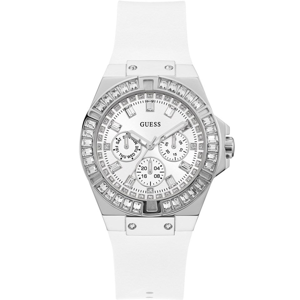 Guess Venus GW0118L3 women's quartz battery watch with white dial, multi-function sub-dials, silver case with baguette crystals, white rubber strap main view