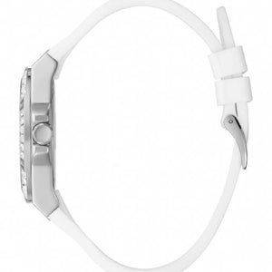 Side profile of Guess Venus GW0118L3 women's quartz battery watch showing 10.5mm thickness and silver finish