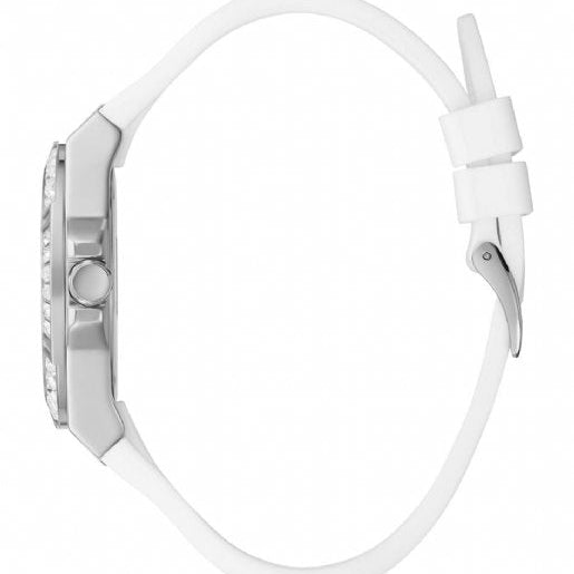 Side profile of Guess Venus GW0118L3 women's quartz battery watch showing 10.5mm thickness and silver finish