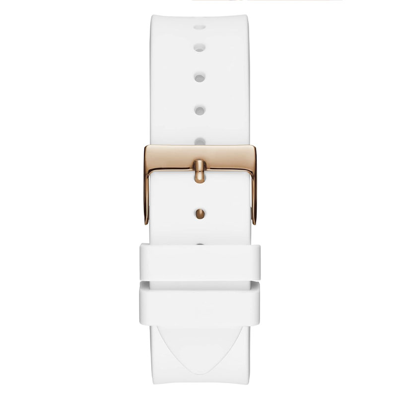 Rose gold-tone buckle clasp on Guess Venus GW0118L4 women's quartz battery white rubber strap watch