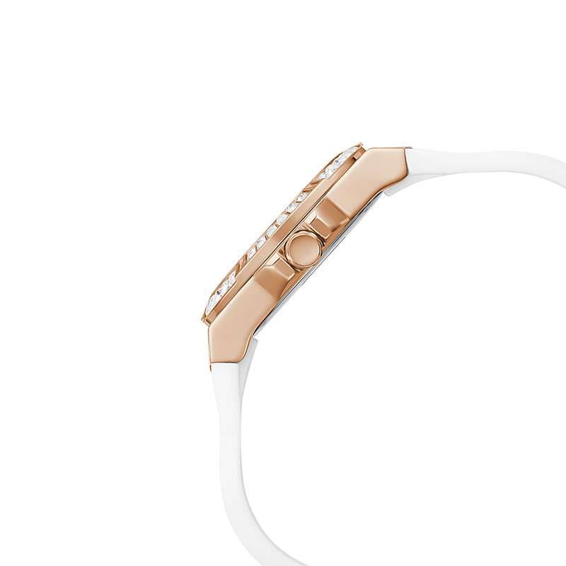Detailed view of rose gold-tone textured crown on Guess Venus GW0118L4 women's quartz battery watch