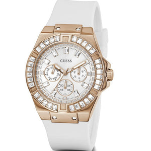 Guess Venus GW0118L4 women's quartz battery watch with white dial, multi-function sub-dials, rose gold case with baguette crystals, white rubber strap main view