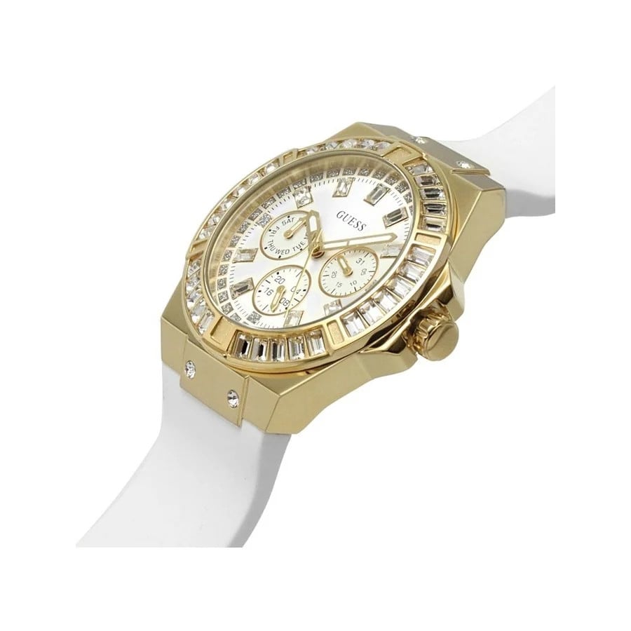 Right angled view of Guess Venus GW0118L5 women's quartz battery watch highlighting gold finish and baguette crystal details