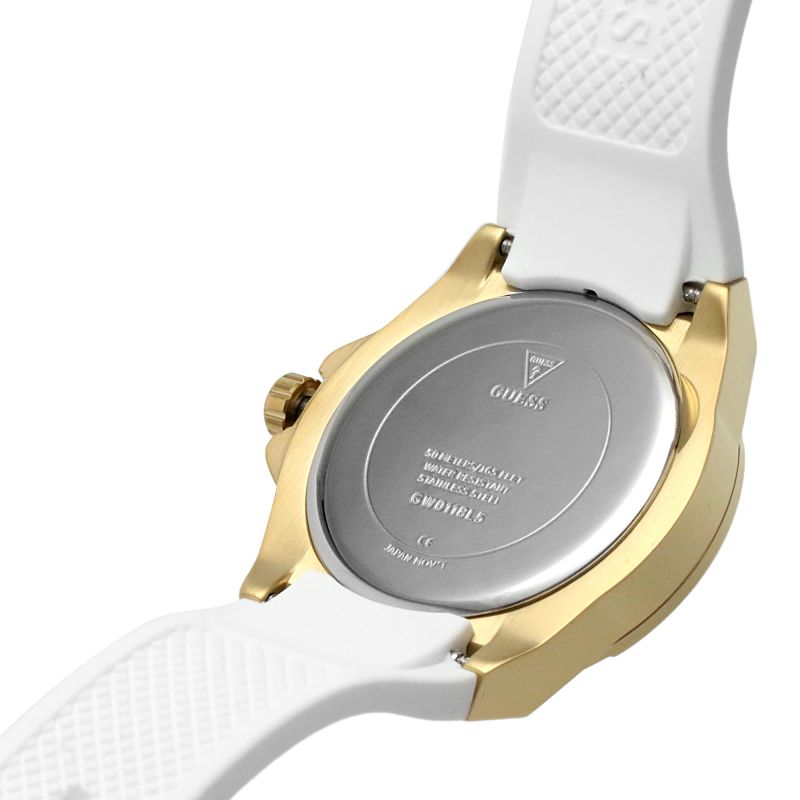Caseback of Guess Venus GW0118L5 women's quartz battery watch showing technical specs 50m water resistance and rubber strap
