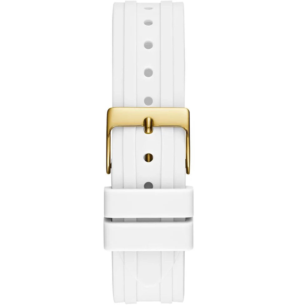 Gold-tone buckle clasp on Guess Venus GW0118L5 women's quartz battery white rubber strap watch