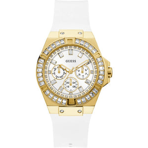 Guess Venus GW0118L5 women's quartz battery watch with white dial, multi-function sub-dials, gold case with baguette crystals, white rubber strap main view