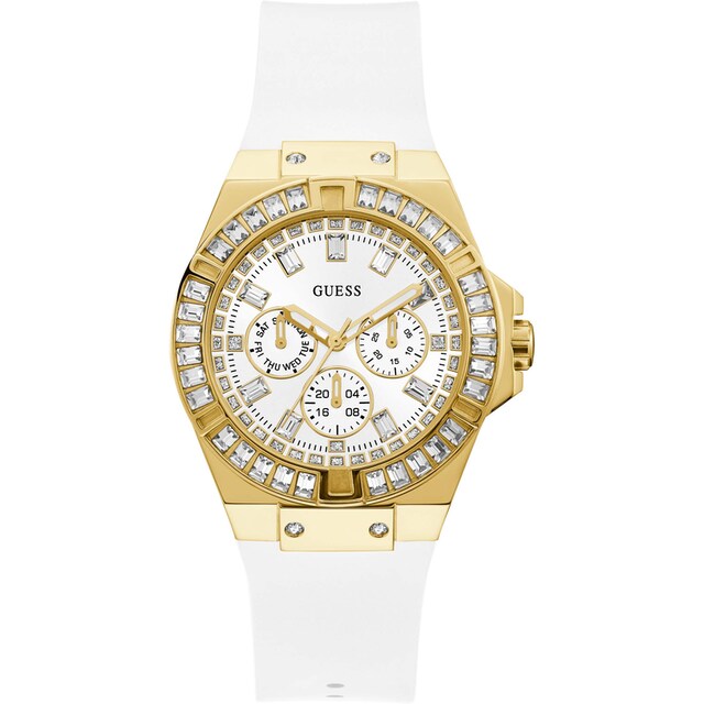Guess Venus GW0118L5 women's quartz battery watch with white dial, multi-function sub-dials, gold case with baguette crystals, white rubber strap main view