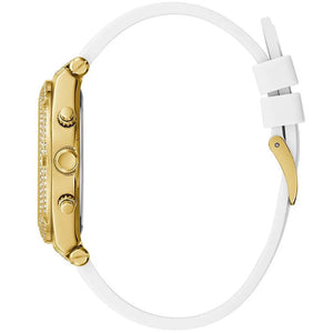 Side profile of Guess Venus GW0118L5 women's quartz battery watch showing 10.5mm thickness and gold finish