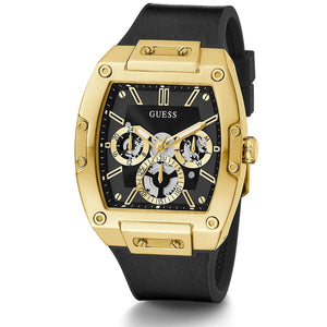 Gold watch with black face and strap on a white background