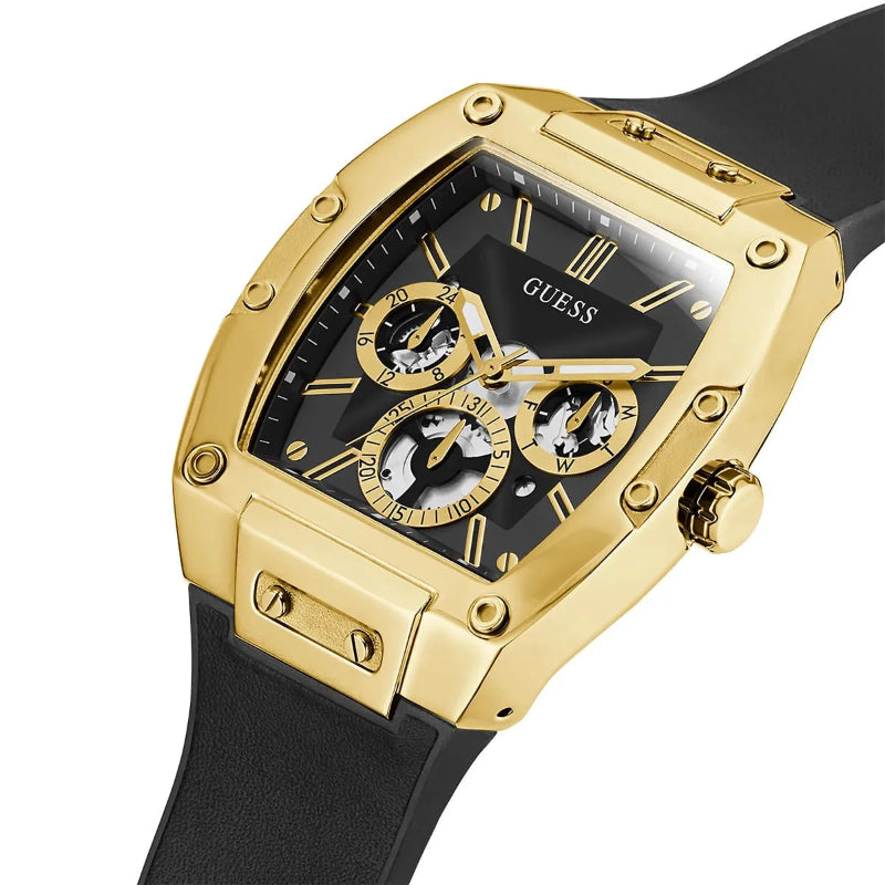 Gold-framed watch with black strap and detailed face on a white background