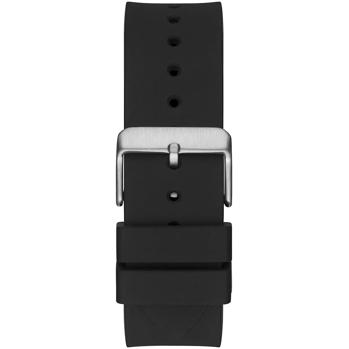 Black pin buckle on the black rubber strap of the Guess GW0203G3