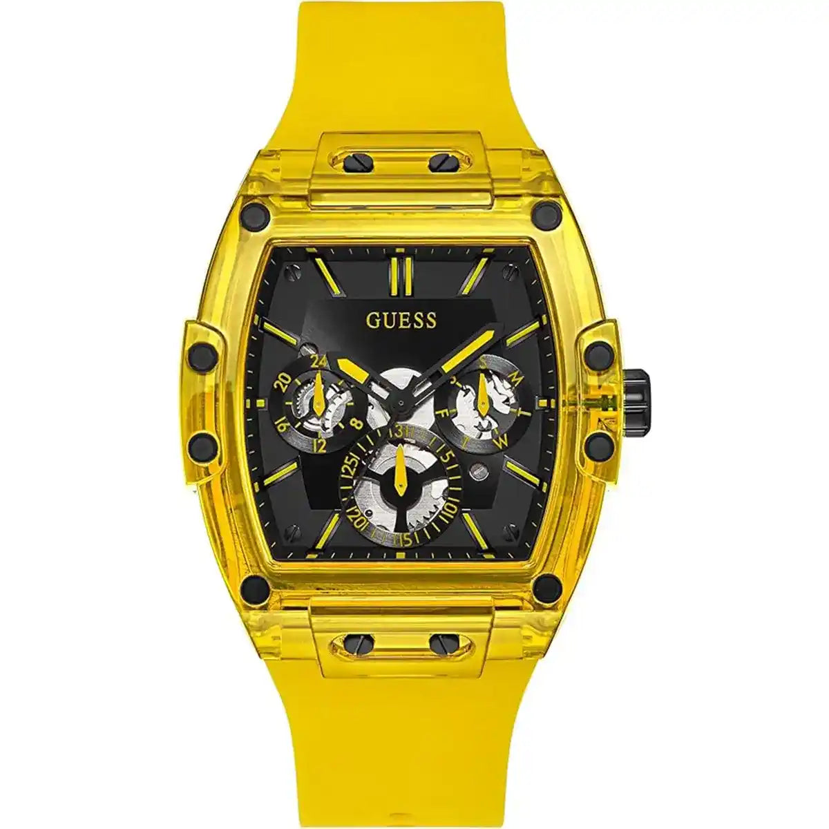 Guess Phoenix GW0203G6 men's watch with yellow translucent polycarbonate case and rubber strap