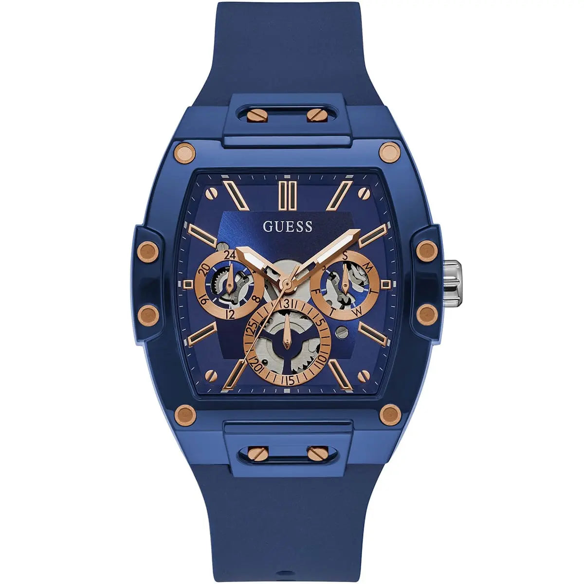 Guess Phoenix GW0203G7 men's watch with blue polycarbonate case, rose gold accents, and rubber strap