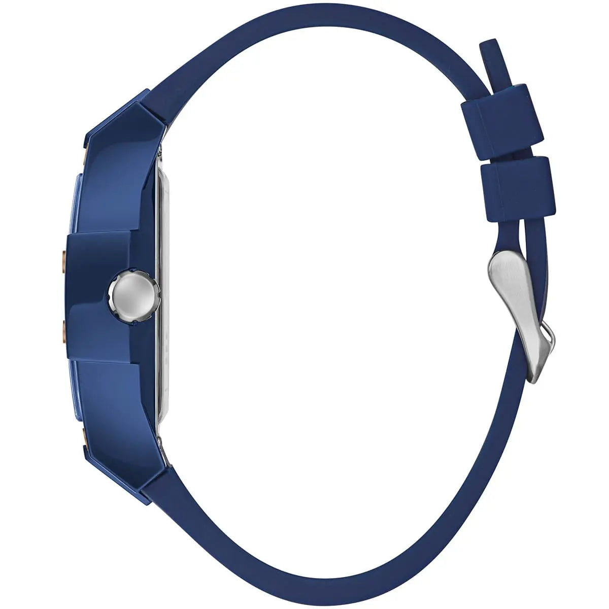 Side profile view of the 11mm thick blue polycarbonate case of the Guess Phoenix watch