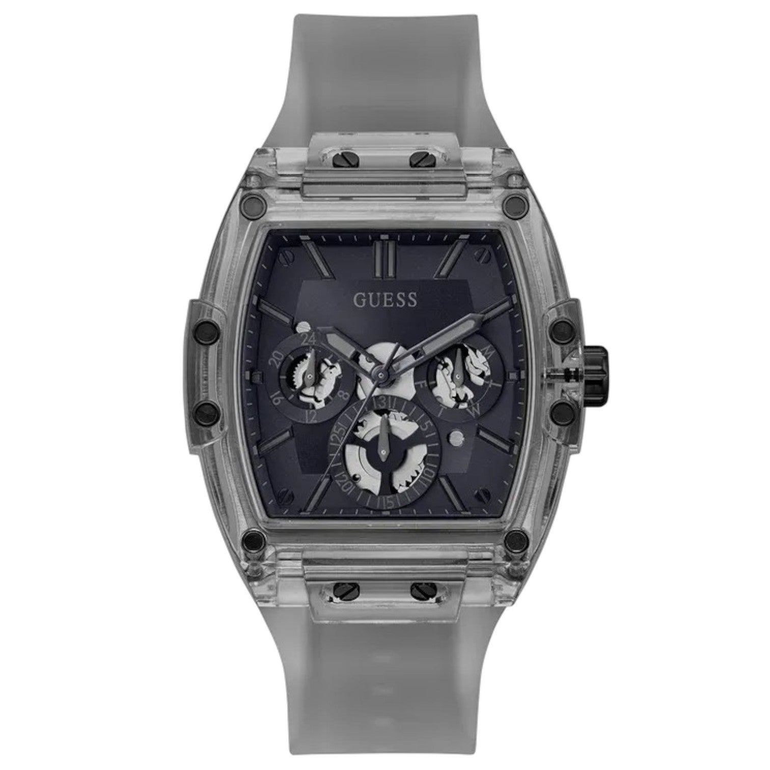 Guess Phoenix GW0203G9 men's watch with smoke grey translucent polycarbonate case and rubber strap