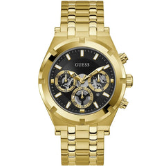 Gold-tone stainless steel chronograph watch by GUESS with a black dial and matching gold-tone metal link bracelet, shown on a plain white background.