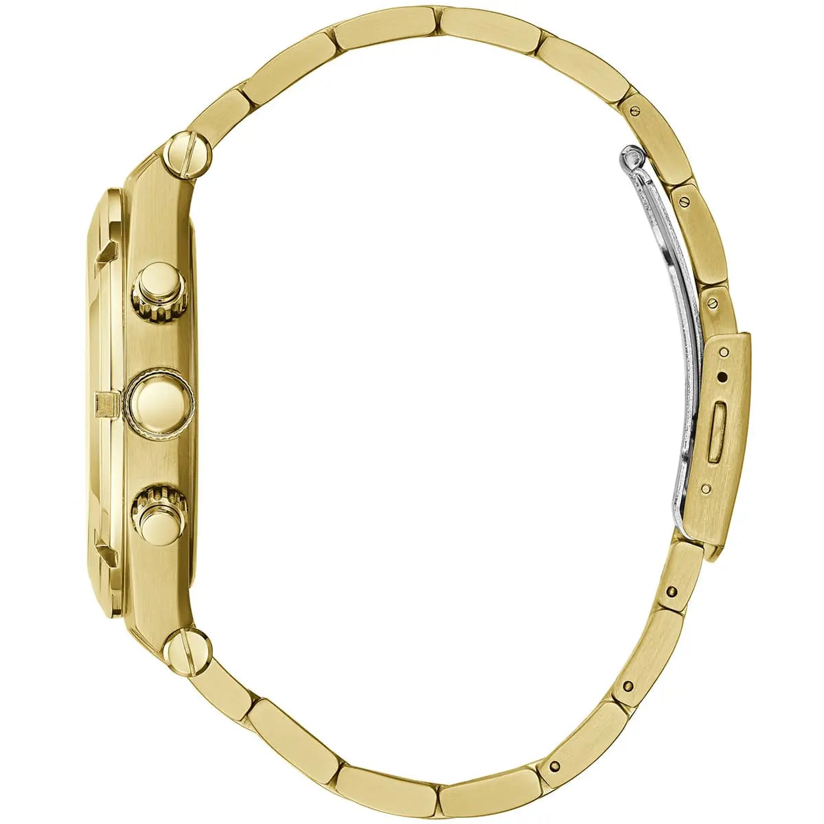 Gold-tone stainless steel watch with a multi-link bracelet, shown from a side profile view against a solid white background.