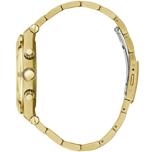 Gold-tone stainless steel watch with a multi-link bracelet, shown from a side profile view against a solid white background.