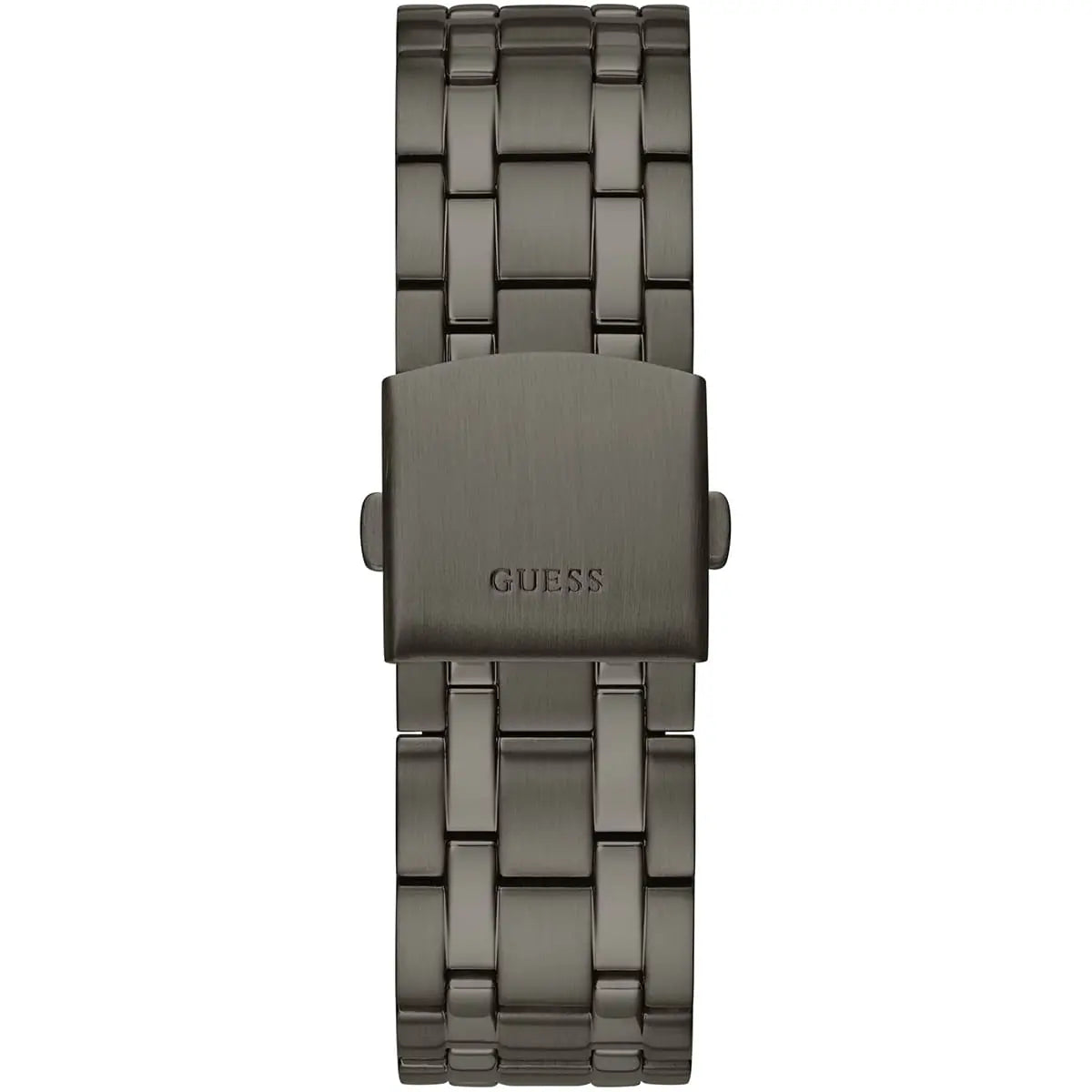 A dark gray metallic stainless steel watch band with a brushed finish and the GUESS brand name embossed on the clasp, shown against a plain white background.