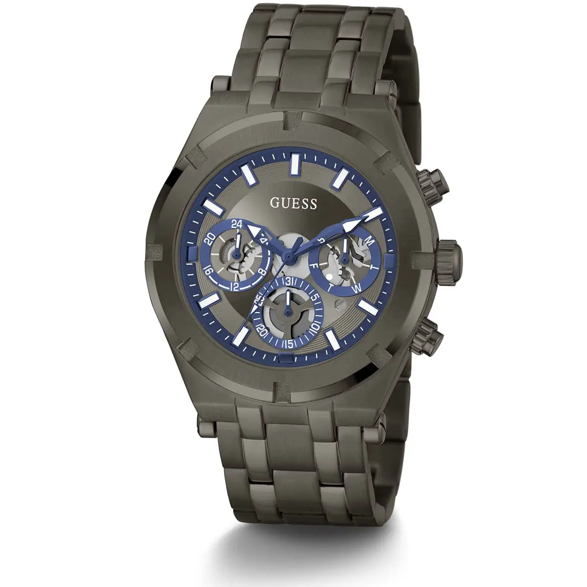 Gray Guess watch with blue accents on a white background