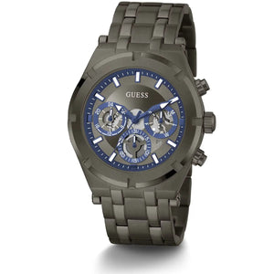 Gray Guess watch with blue accents on a white background