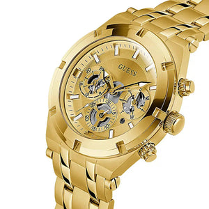 Gold watch with visible brand logo on a white background