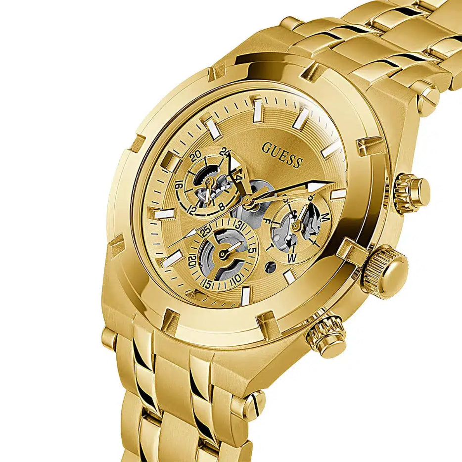 Gold watch with visible brand logo on a white background