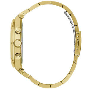 Gold watch with a detailed case on a white background