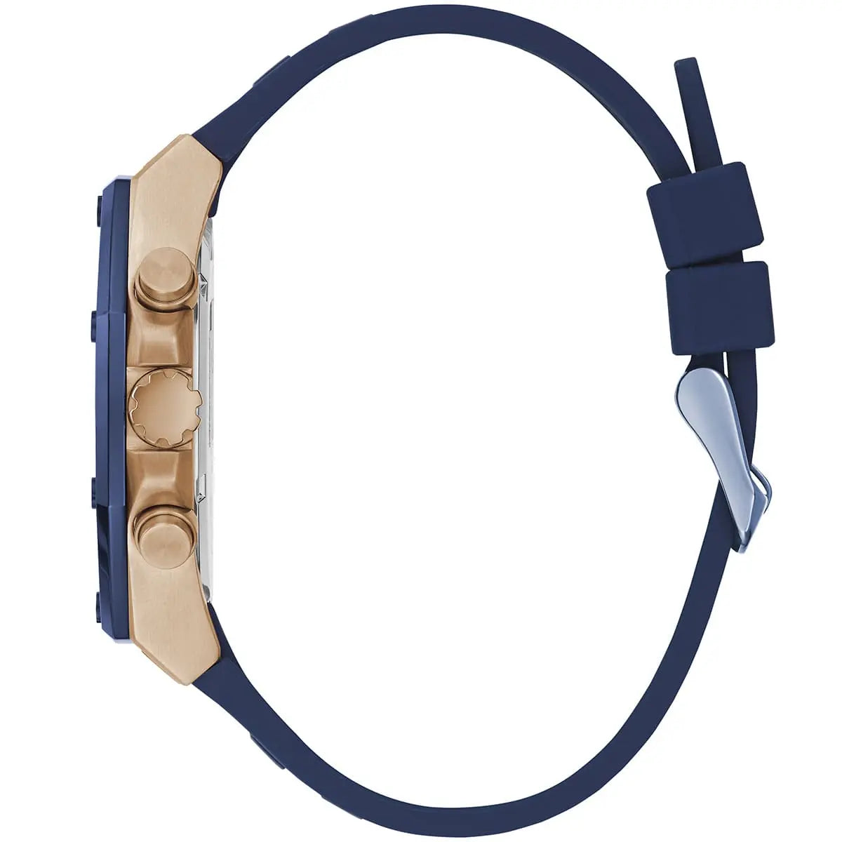 Side profile of Guess Momentum GW0263G2 men's quartz battery watch showing 12mm thickness and polished rose gold finish
