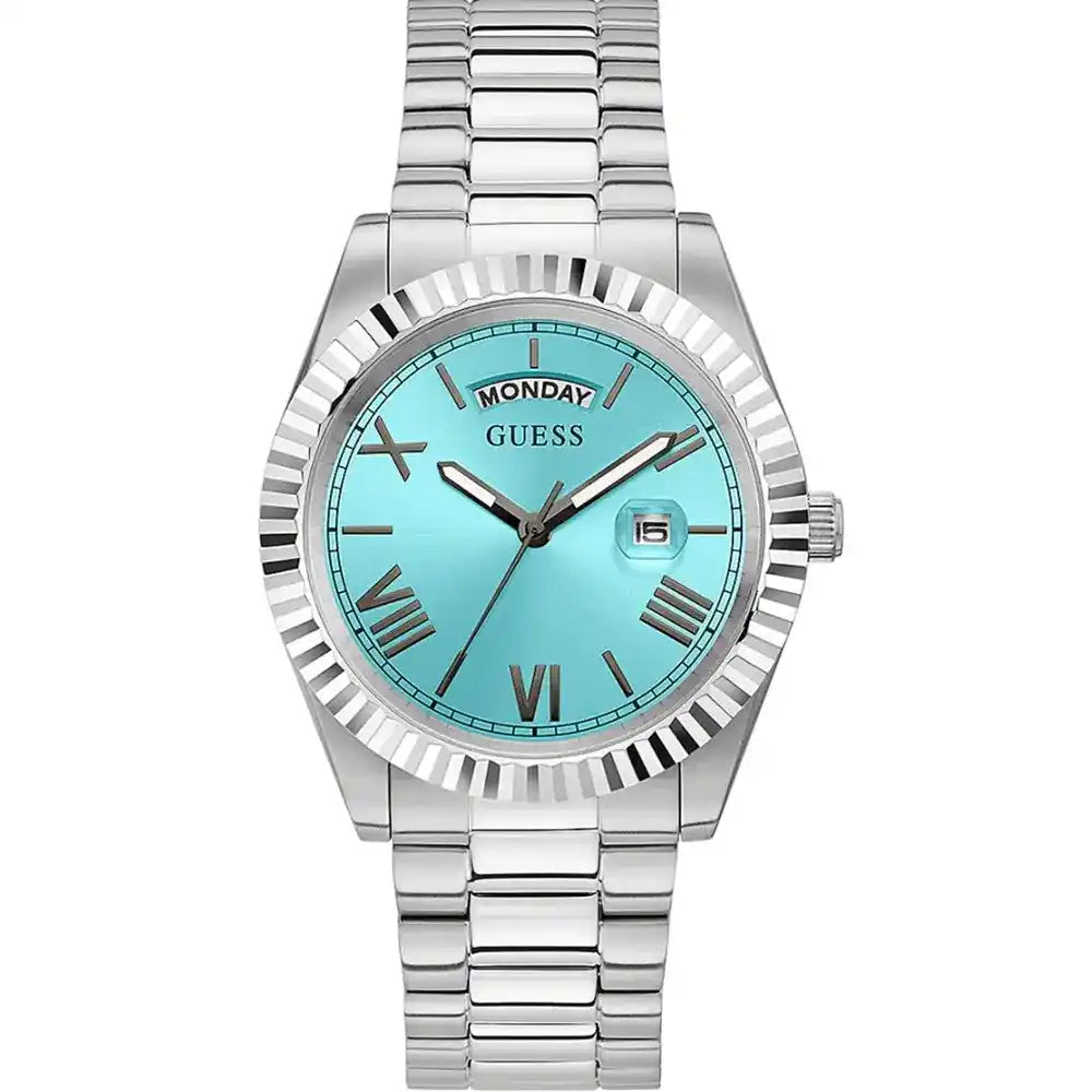 Guess Connoisseur GW0265G11 men's watch with silver fluted bezel and tiffany blue dial