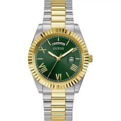 GUESS Connoisseur GW0265G8 men's quartz day-date watch with green dial and two-tone stainless steel bracelet