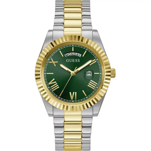 GUESS Connoisseur GW0265G8 men's quartz day-date watch with green dial and two-tone stainless steel bracelet