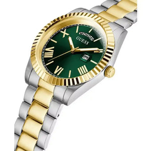 A two-tone stainless steel and gold wristwatch by Guess with a dark green dial, gold-tone bezel and hands, and a matching two-tone link bracelet on a white background.
