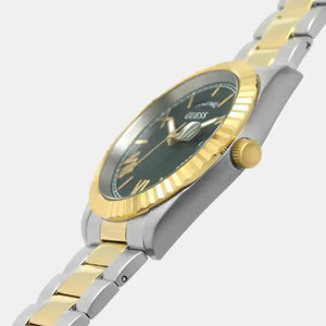 A two-tone stainless steel and gold wristwatch with a dark green dial, shown at an angle against a light gray background.