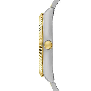 A close-up side profile of a two-tone watch with a brushed silver-tone case, a gold-tone fluted bezel, and a gold-tone crown, set against a plain white background.