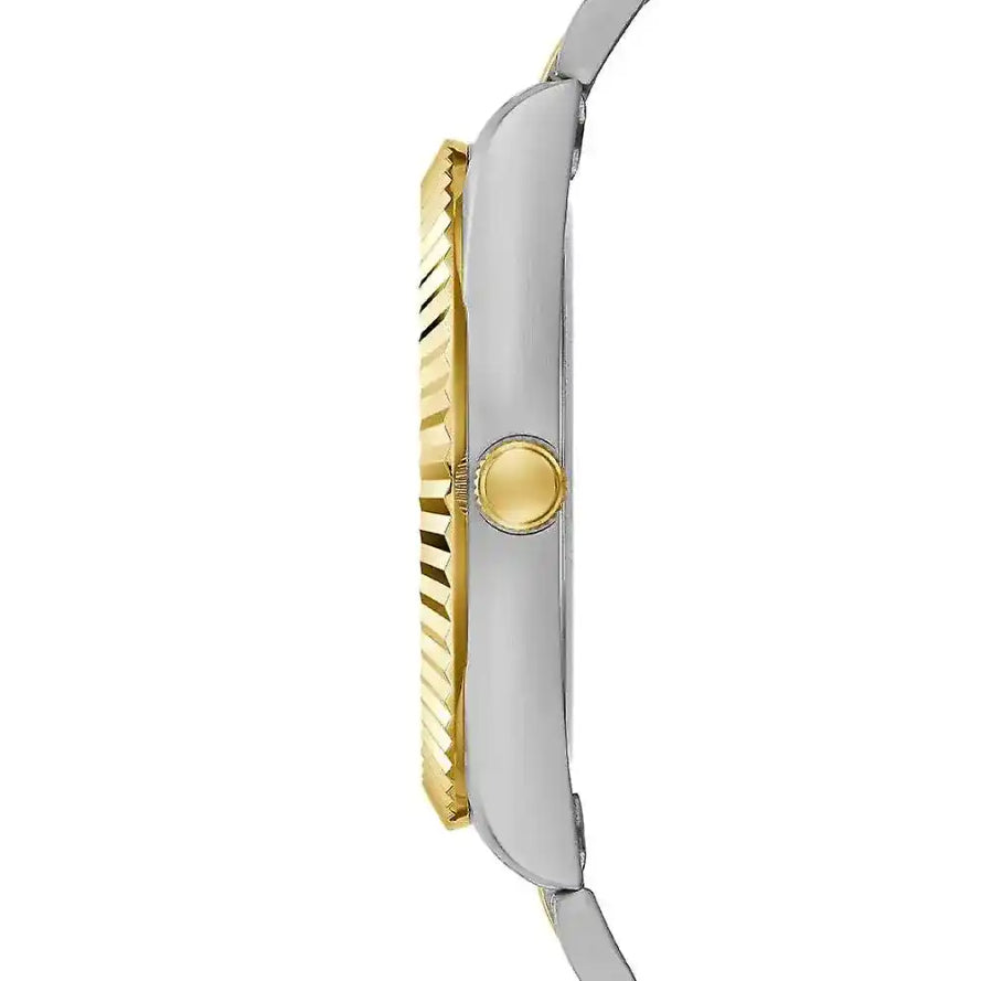 A close-up side profile of a two-tone watch with a brushed silver-tone case, a gold-tone fluted bezel, and a gold-tone crown, set against a plain white background.