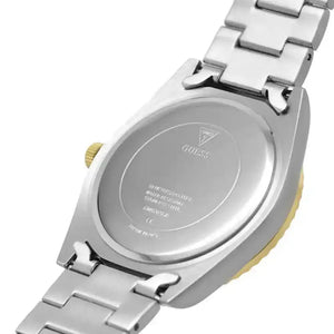Close-up of a silver watch with a visible brand logo on a white background