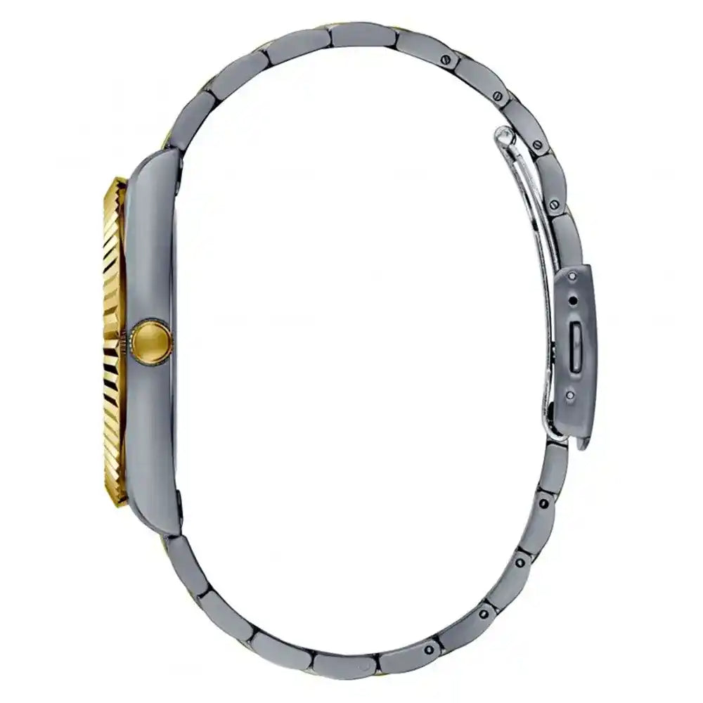 A silver-tone metal link watch band with a gold-tone crown button and textured gold-tone bezel accents, shown from a side profile view on a white background.