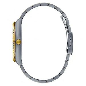 A silver-tone metal link watch band with a gold-tone crown button and textured gold-tone bezel accents, shown from a side profile view on a white background.