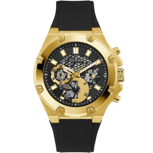 Guess GW0334G2 men's Third Gear multifunction quartz watch with black dial gold tone case and rubber strap